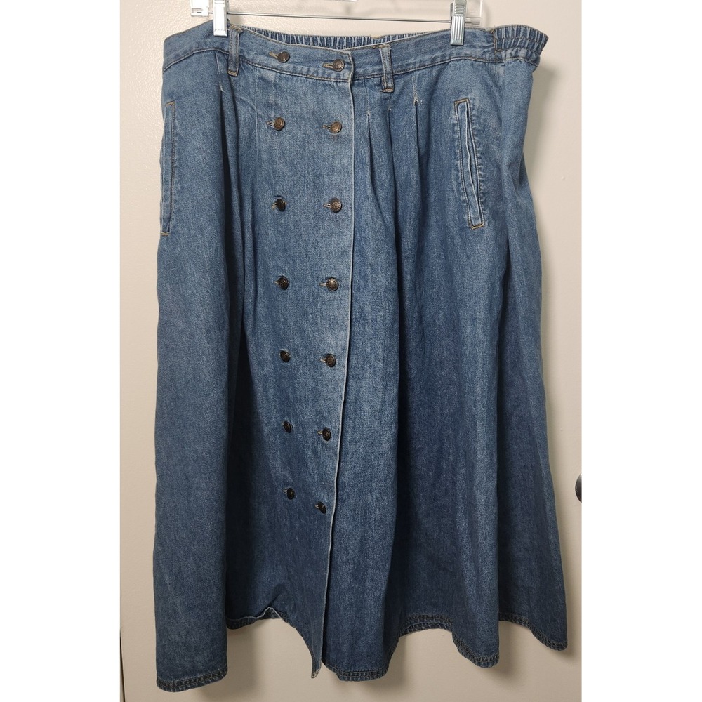 Vtg Gloria Vanderbilt Skirt Sz 22 XL Blue Denim Jean Double Button Front Pockets - Picture 1 of 11